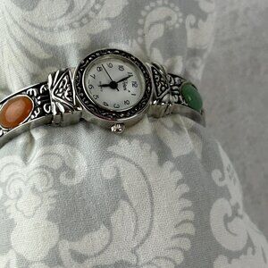 Women’s Vivani Watch Silver Tone Cuff Bracelet Multicolor Gem Stones